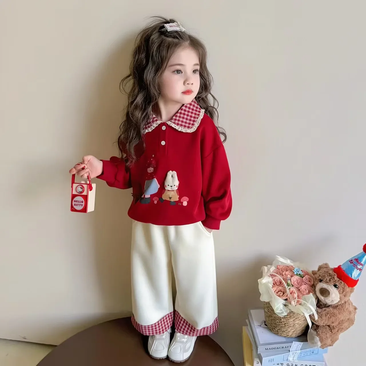 2026 Autumn Children Girls 2PCS Clothing Cotton Embroidery Turn Down Collar Plaid Sweatshirt Suits Loose Straight Pant Outfits