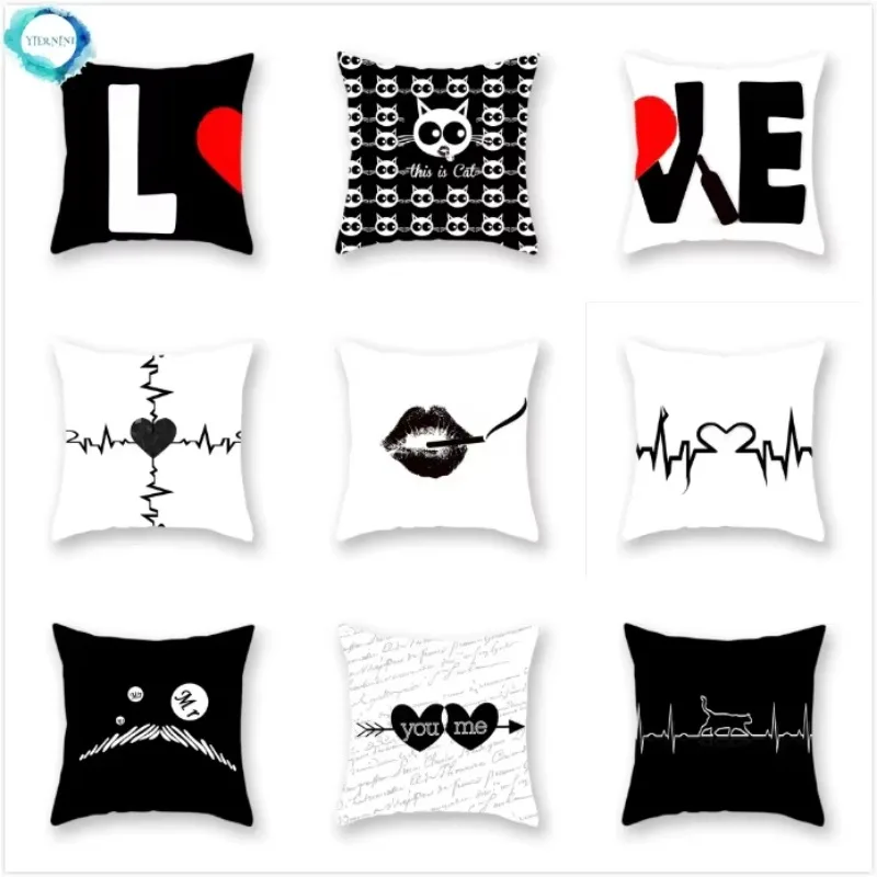 Black and White Cupid  ECG Pattern Pillowcase Home Decorative Polyester Cushion Cover Sofa Decoration 45x45cm