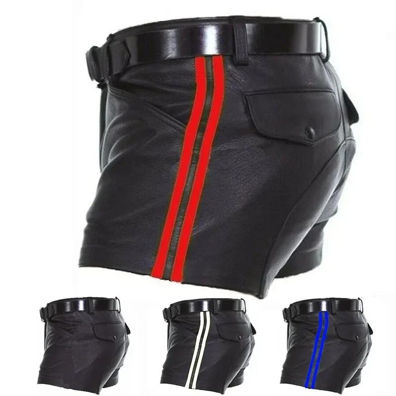 Men Faux Leather Shorts Punk Side Striped Solid Color Fashion Trend Casual Short Pants Nightclub Party Wear