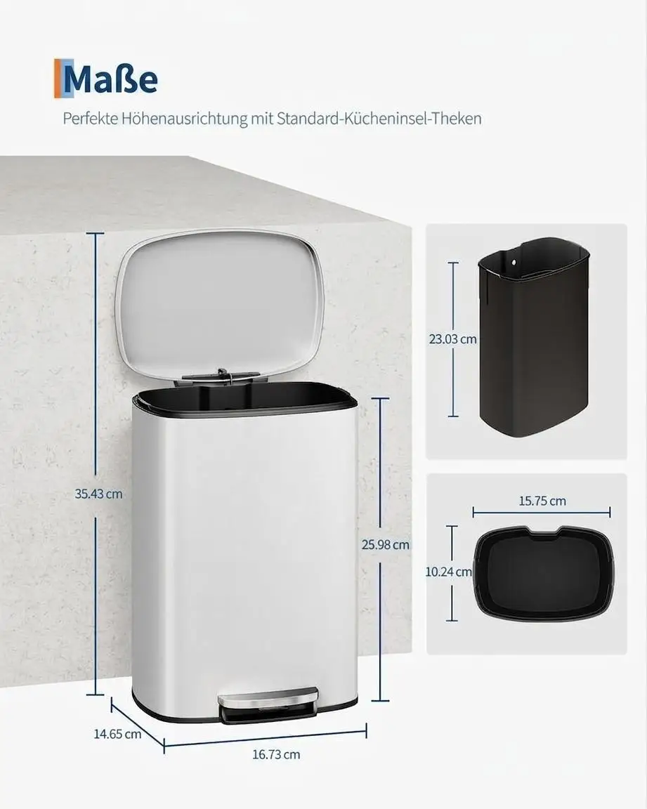 Bidone da cucina antiodore 50l – Acciaio inossidabile, coperchio a chiusura ammortizzata, secchio interno rimovibile, resistente alle impronte digitali, antiruggine, rettangolare
