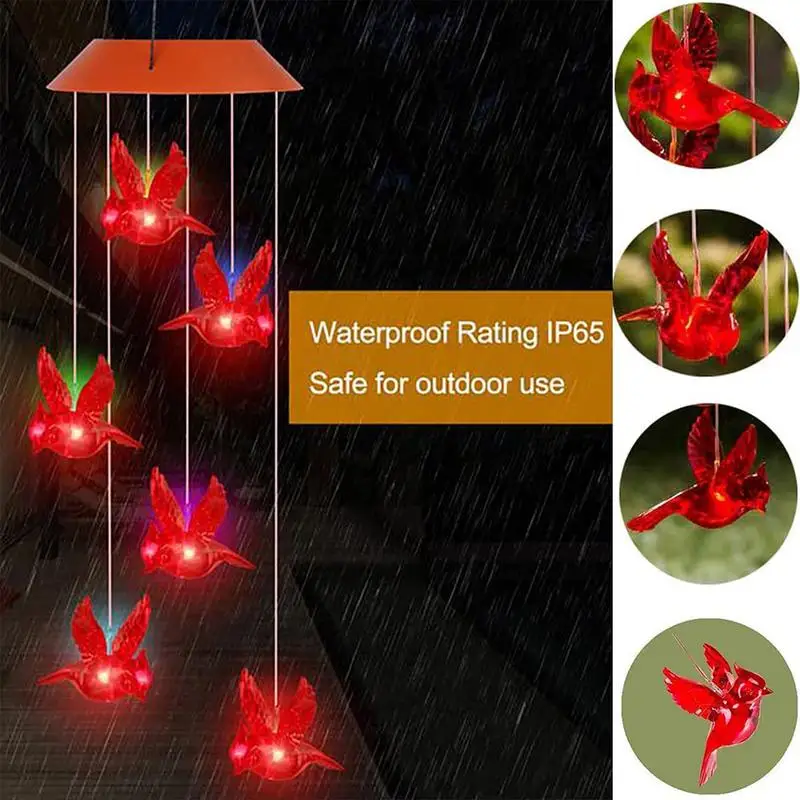 Windchimes Outdoors Creative Cardinal Wind Chimes Solar Hummingbird Wind Bell Red Bird Wind Lights With 6 LED Memorial Bird