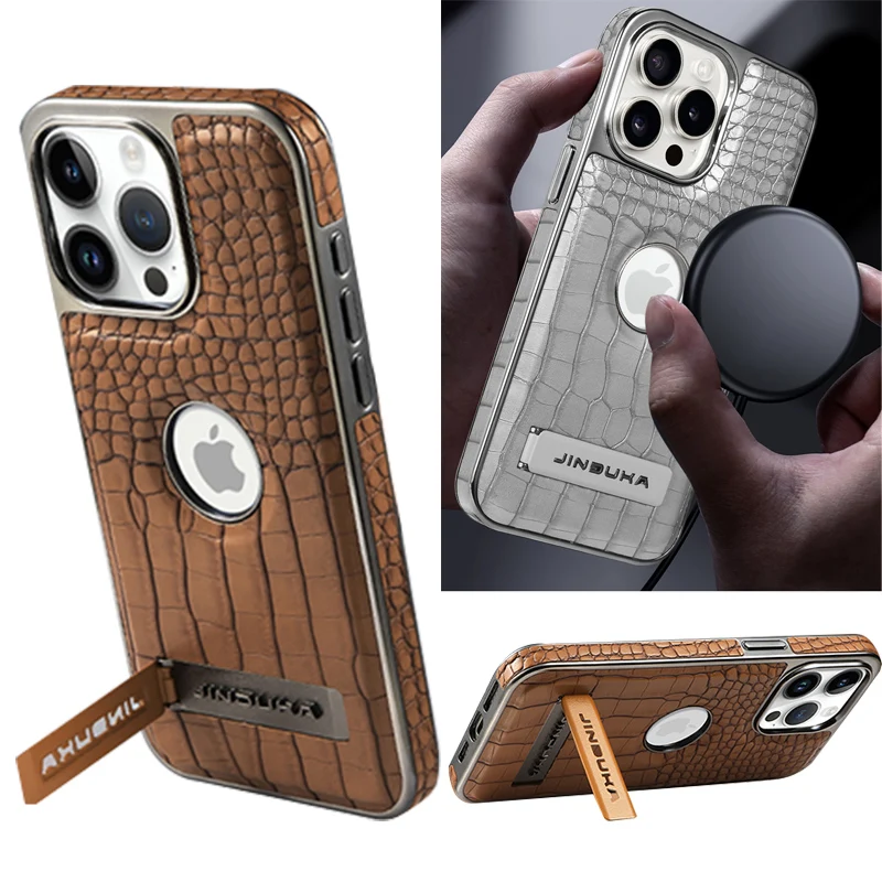 

Case For iPhone 16 15 14 13 12 11 Air Pro Max 16e Crocodile Pattern Leather Magsafe Wireless Charging Metal Kickstand Cover
