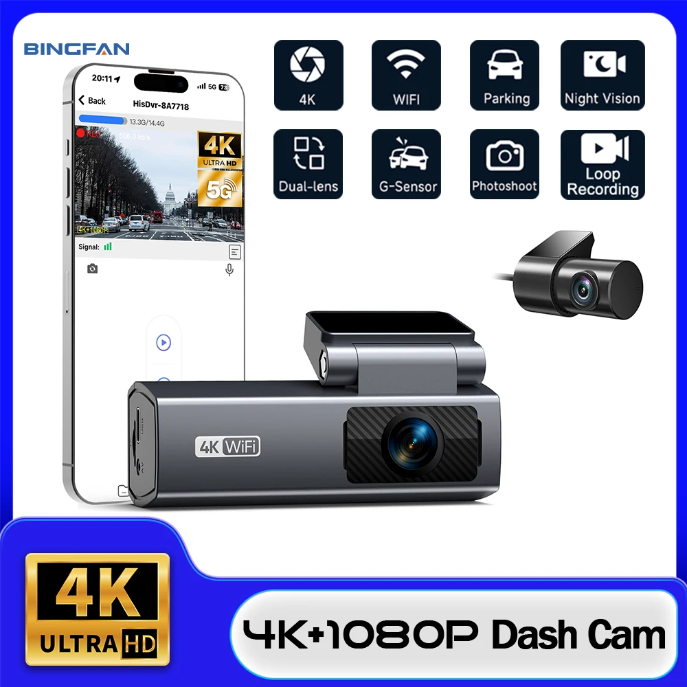 

DashCam 4K Car Dvr Video Recorder with WIFI Support 1080P RearView Camera Night Vision Black Box 24h Parking