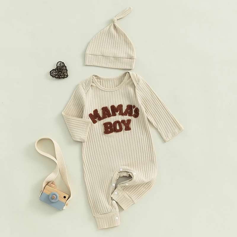 Baby Clothing Boy Bodysuits Letter Embroidered Ribbed Long Sleeve Fall Jumpsuits Hat Outfits Newborn Clothes