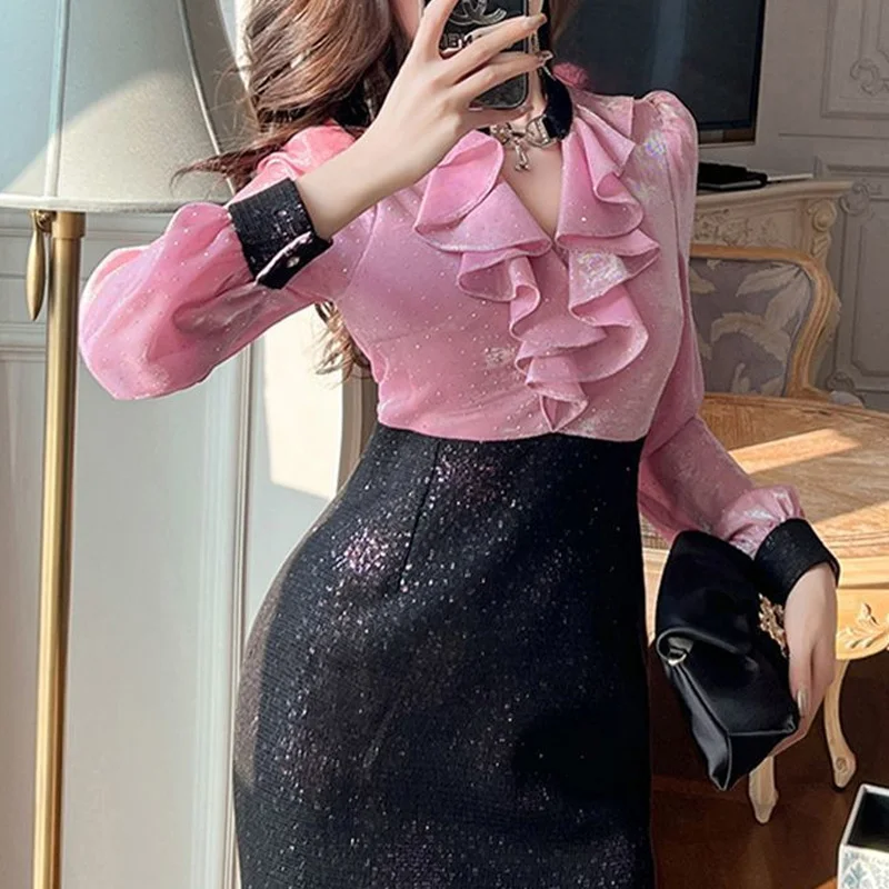 2024 New Fashion Patchwork Pullovers Women\'s Clothing Spring Autumn Sexy Long Sleeve Tops Ladies Solid Interior Lapping Dresses