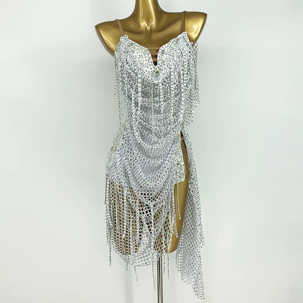 2025 New Latin Dance Competition Dress Women Girls Rhinestone Net Fringe Dress Cha Cha Dance Costume Stage Latin Show Wear 14566