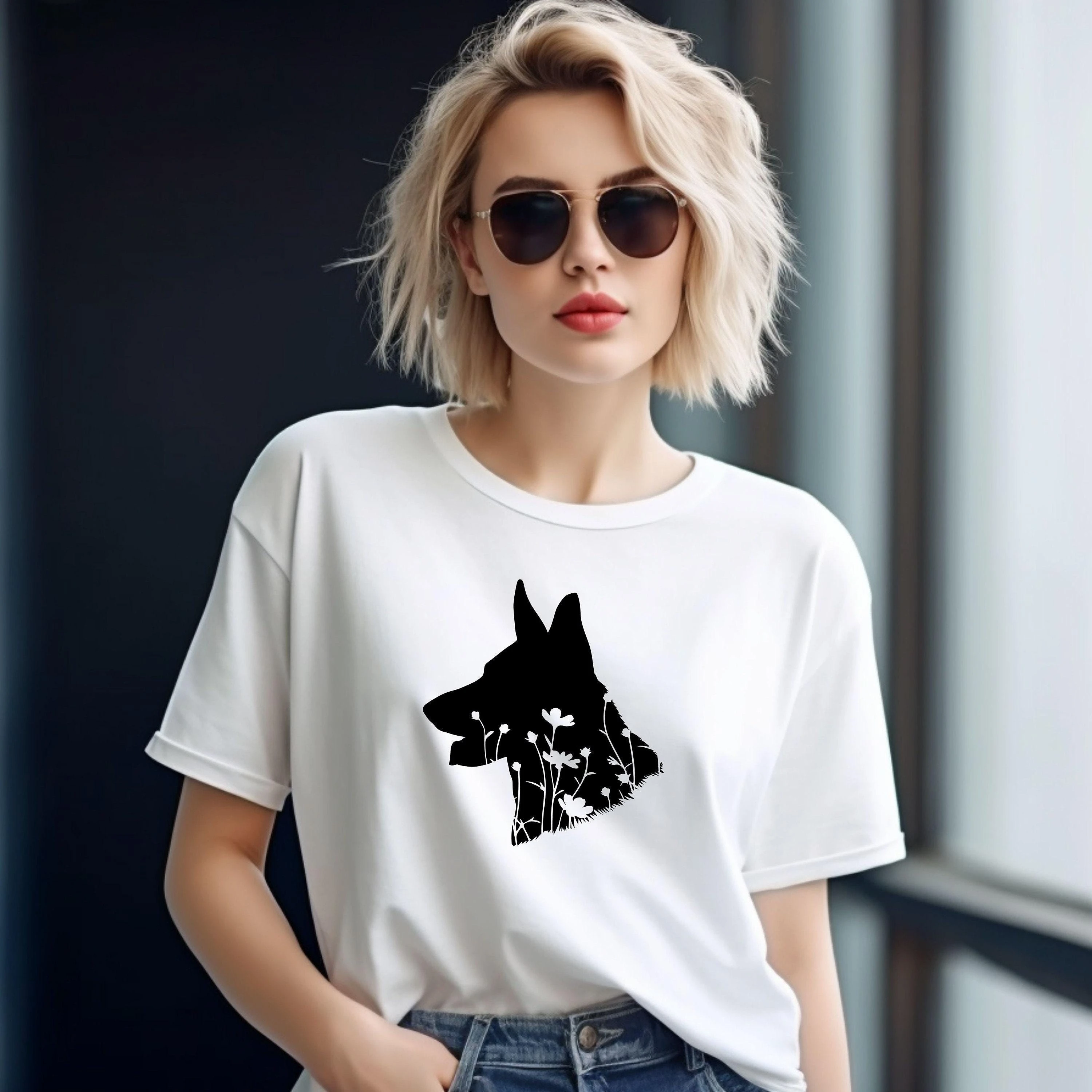 New Floral German Shepherd Print T-shirt Unisex Summer Casual O-neck Neutral Clothing Short Sleeve Tees Men Women Street Shirts