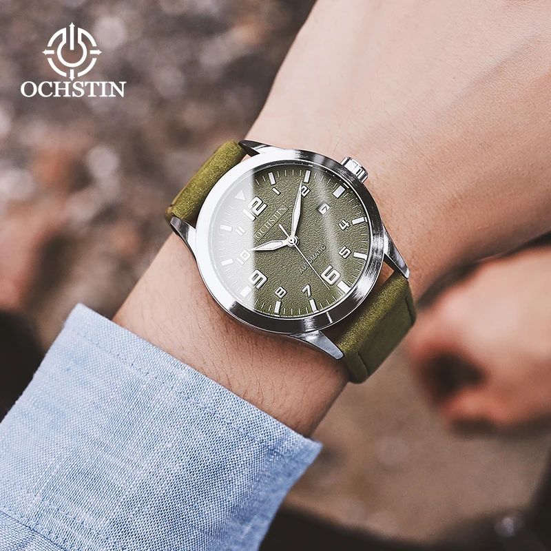 OCHSTIN Genuine Leather Strap Automatic Mechanical Movement Watches Men's Mineral Hardened Glass Waterproof Calender Watches