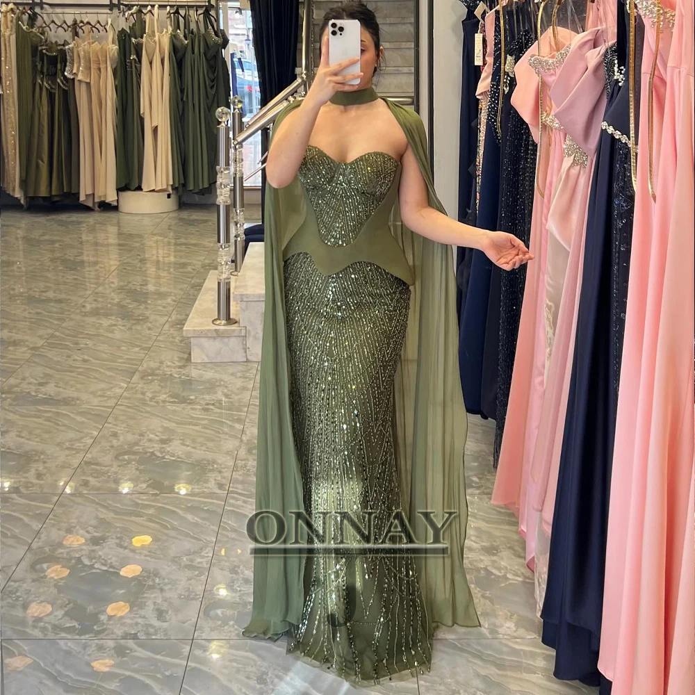 Vestidos De Noche con cuentas ostentosas personalizados, capa con borlas, sirena sin tirantes para mujer, Vestidos árabes saudíes De Dubái, Vestidos De Fiesta Plus