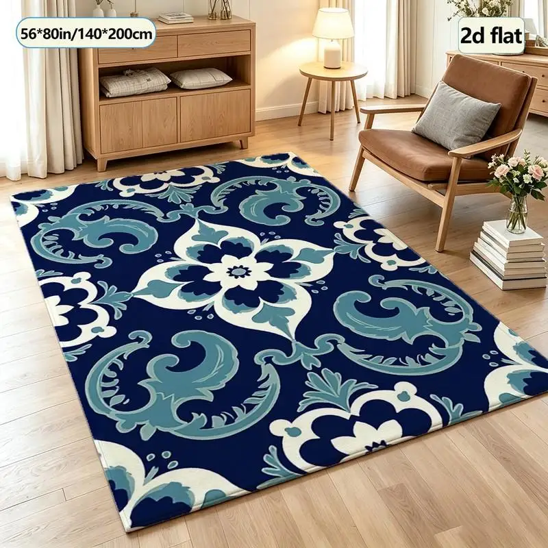 Retro Blue Floral Pattern Printed Carpet Washable Carpet Non-Slip Indoor Home Living Room Decorative Mat