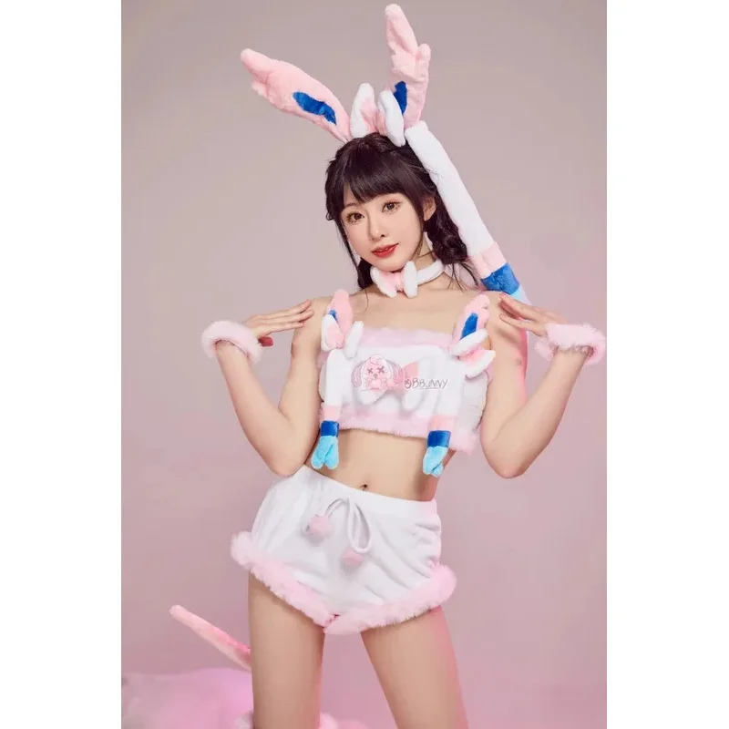 Anime Sylveon Cosplay Costume For Women Kawaii Flannel Split Pajamas Tail Socks Suit Bunny Girl Cute Plush Uniform Sexy lingerie