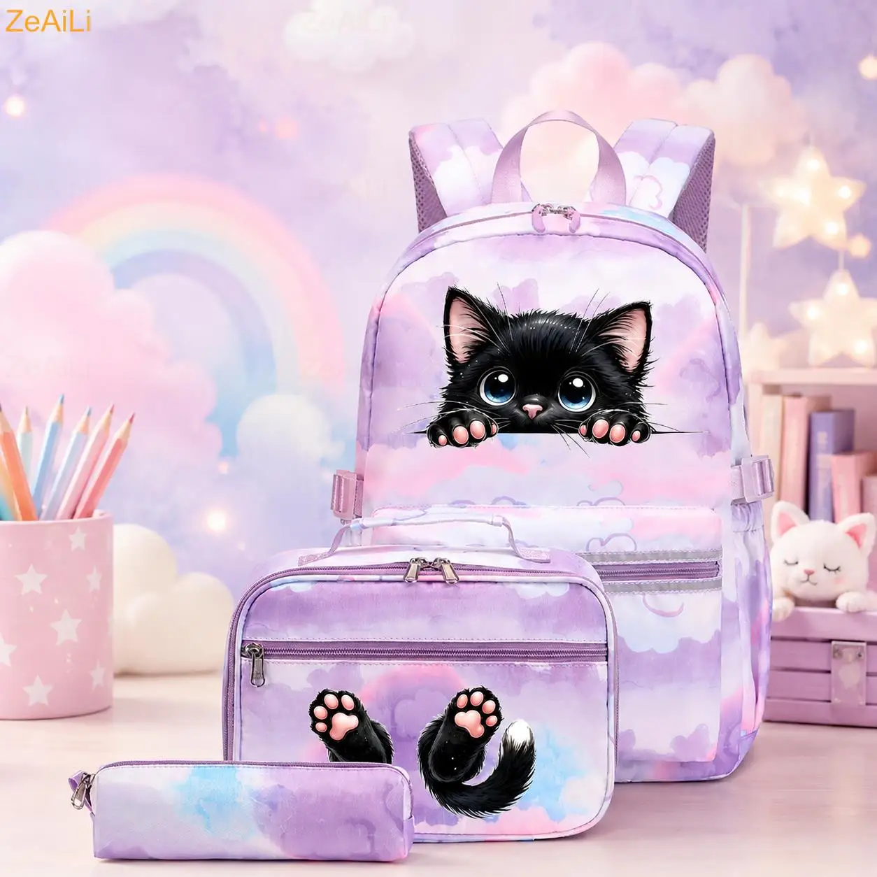 3Pcs Cute Dog Cat Paw Purple Student Teenager Backpacks with Lunch Bag Colorful Travel Bag Boys Girls School bags Mochilas Sets