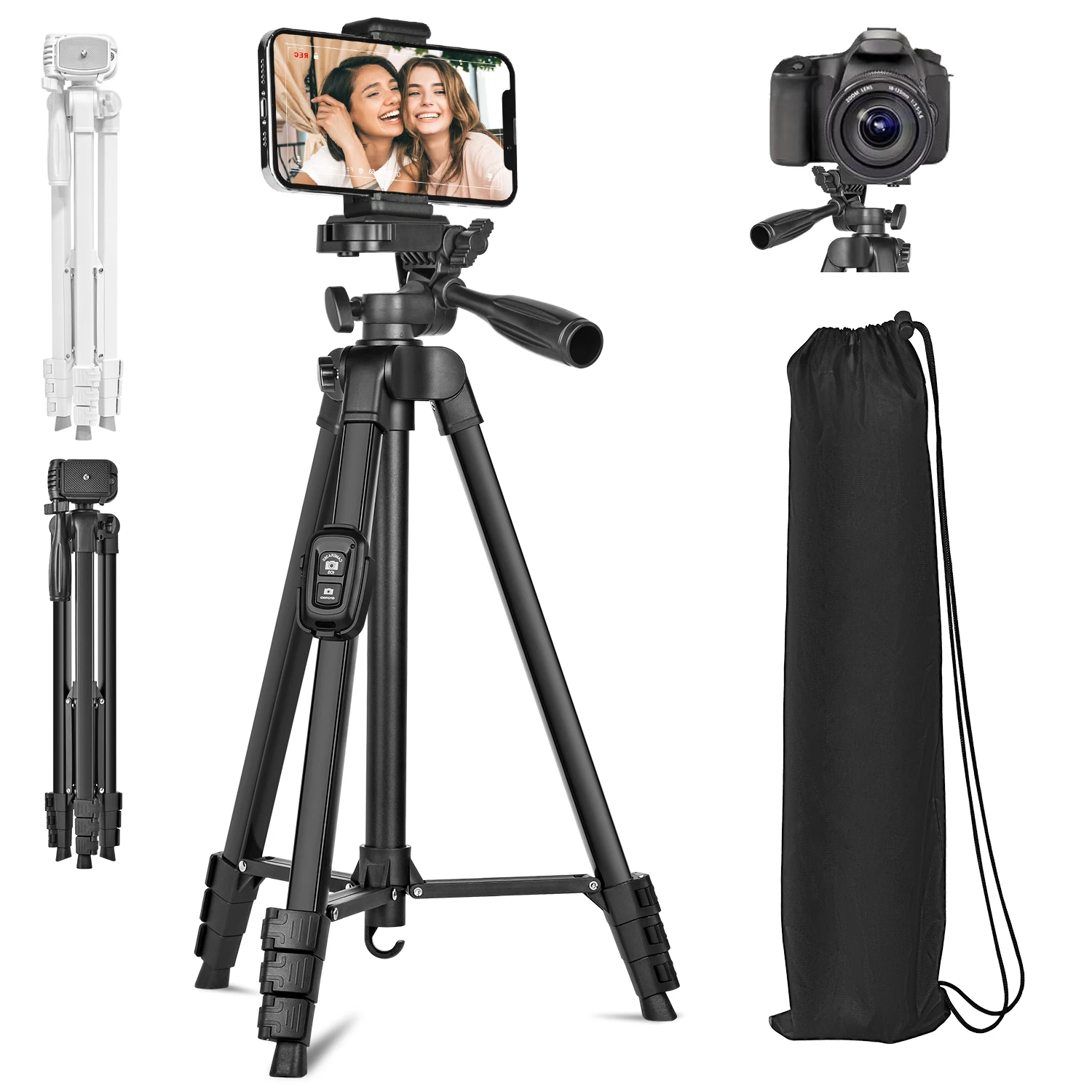 60인치/152cm 카메라 삼각대 여행 가방 포함, 리모컨이 있는 휴대폰 삼각대, 전문가용 알루미늄 합금 휴대용 스탠드