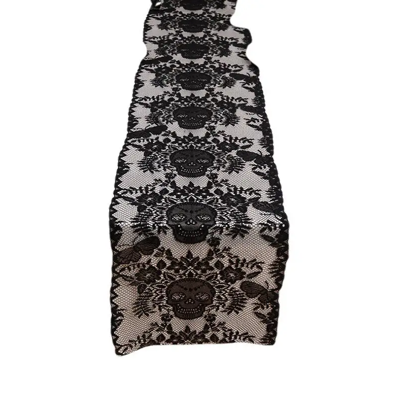 

1pcs Fashion Black Lace Halloween Table Runner With Skull Hollow Design Creative Home Party Holiday Table Decorative Tablecloth
