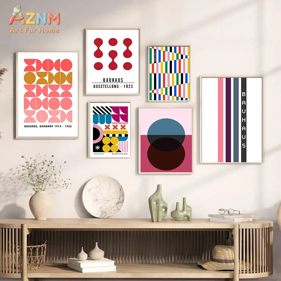 AZNM Vintage Bauhaus Abstract Geometric Canvas Print Colorful Circle Stripe Shape Exhibition Retro Wall Poster Unframed Modern L