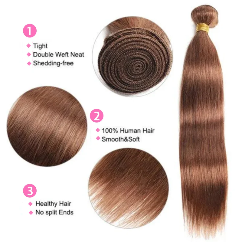 Extensiones de cabello humano liso, mechones de cabello humano Real de Color marrón #4, 20, 22 y 24 pulgadas, 1/3 mechones de pelo brasileño liso