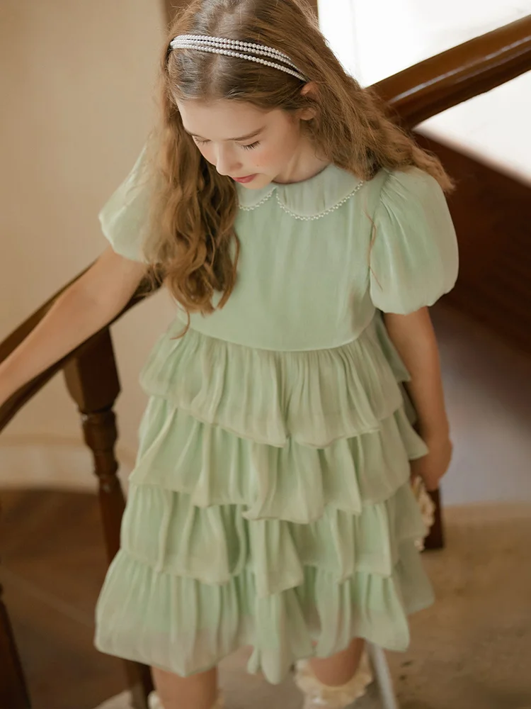 Baby Girls Dresses Short Puff Sleeve Light Green Fashion Princess Clothing 2022 Summer 3T 12T Prom Party Bridesmaid Kawaii Dress