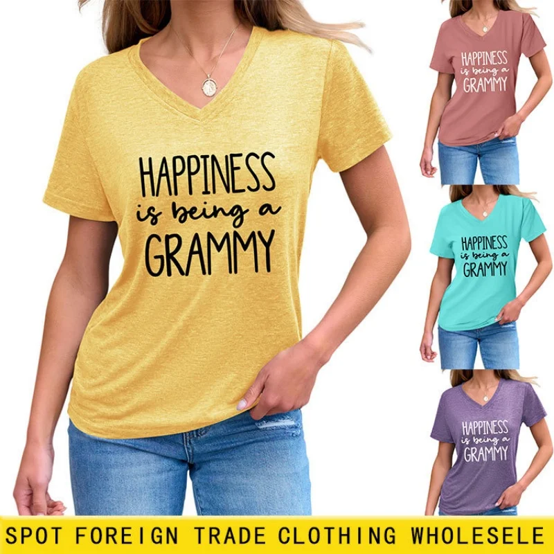 

Женская футболка с V-образным вырезом и буквенным принтом, с короткими рукавами — летний свободный, облегающий, универсальный топ.