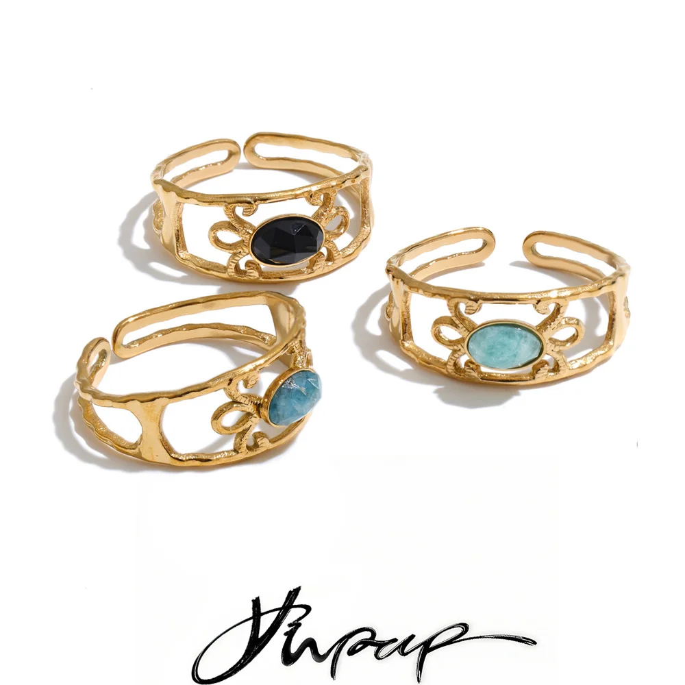 Yhpup Stainless Steel Amazonite Agate Apatite Stone Adjustable Ring for Women Gold Color Geometric Trendy Modern Jewelry