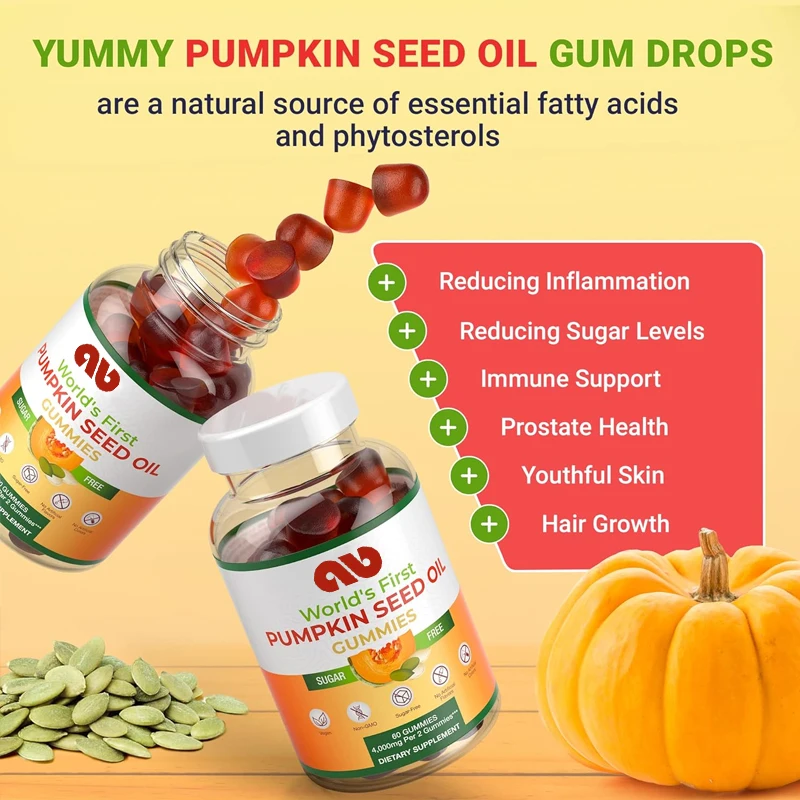 

Sugar free pumpkin seed oil gummies promote hair growth, youthful skin, prostate health, immune and urinary tract support