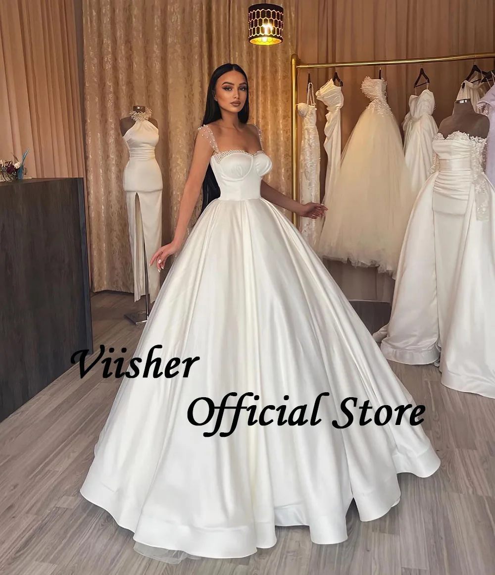 Viisher-A Line Vestidos de Noiva Princesa, cetim marfim, pérolas, querida, Spaghetti, vestidos de noiva com trem