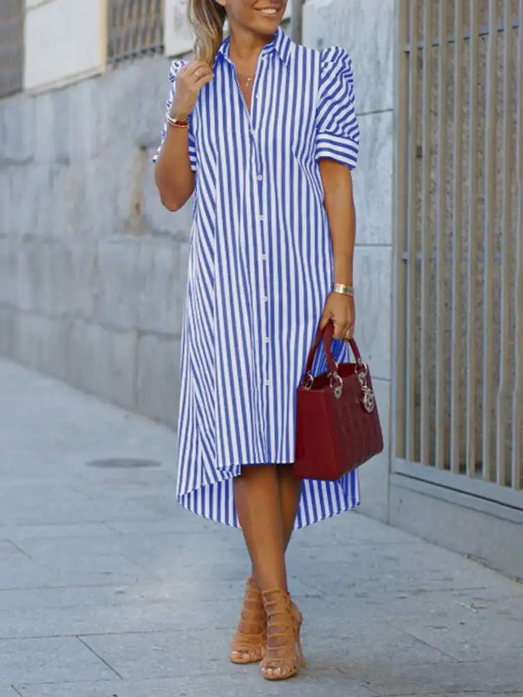 Women Vintage Striped Printed Vestido ZANZEA Summer Shirt Dress 2022 Fashion Short Sleeve Robe Casual OL Irregular Knee Sundress