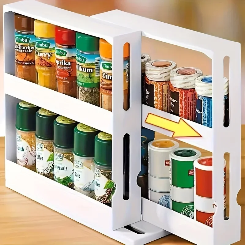 2-Tier Compact Countertop Spice Rack - 90 Degree Rotating, Pull-Out Cabinet Style Storage Shelf