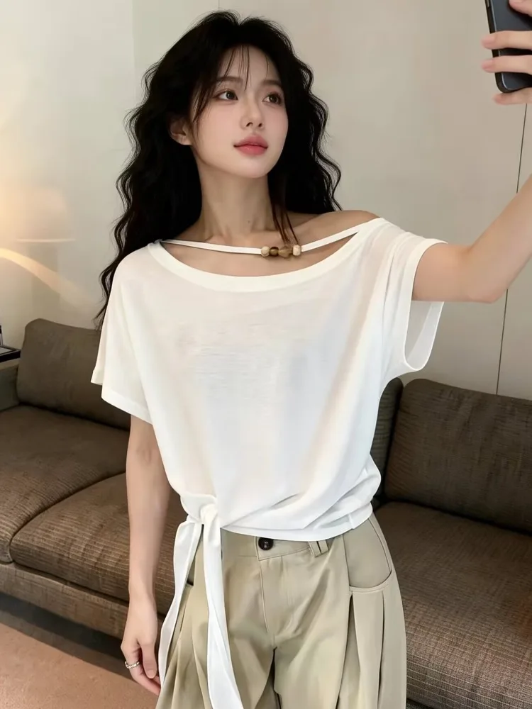

Sexy Girl Side Tie Design Loose Fashionable Short Sleeve T-Shirt Women's Summer New Style City Walk Breathable Knitted Top