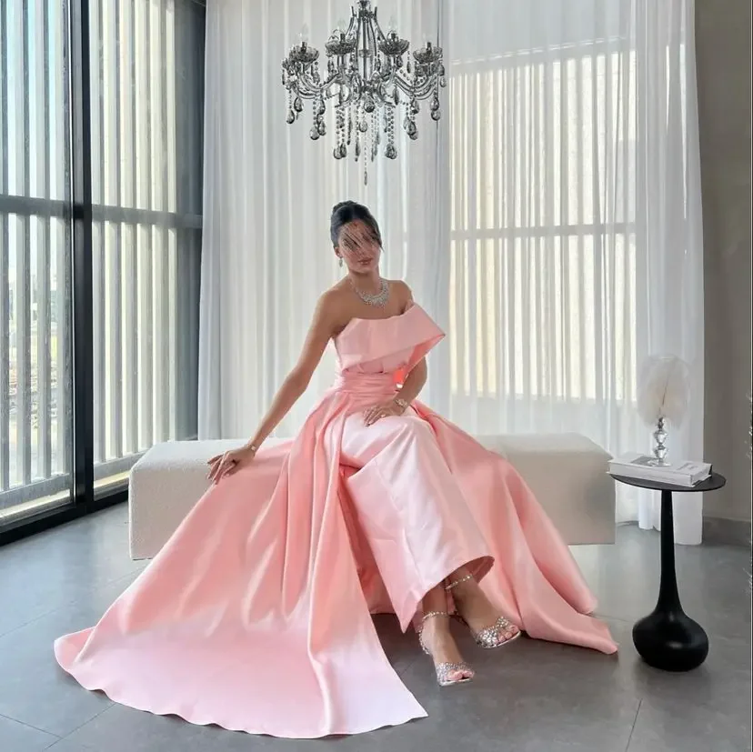 Pink Sleeveless Formal Women Prom Dresses Strapless Pleated Floor Length Evening Gowns Wedding Party Dresses Back Zipper