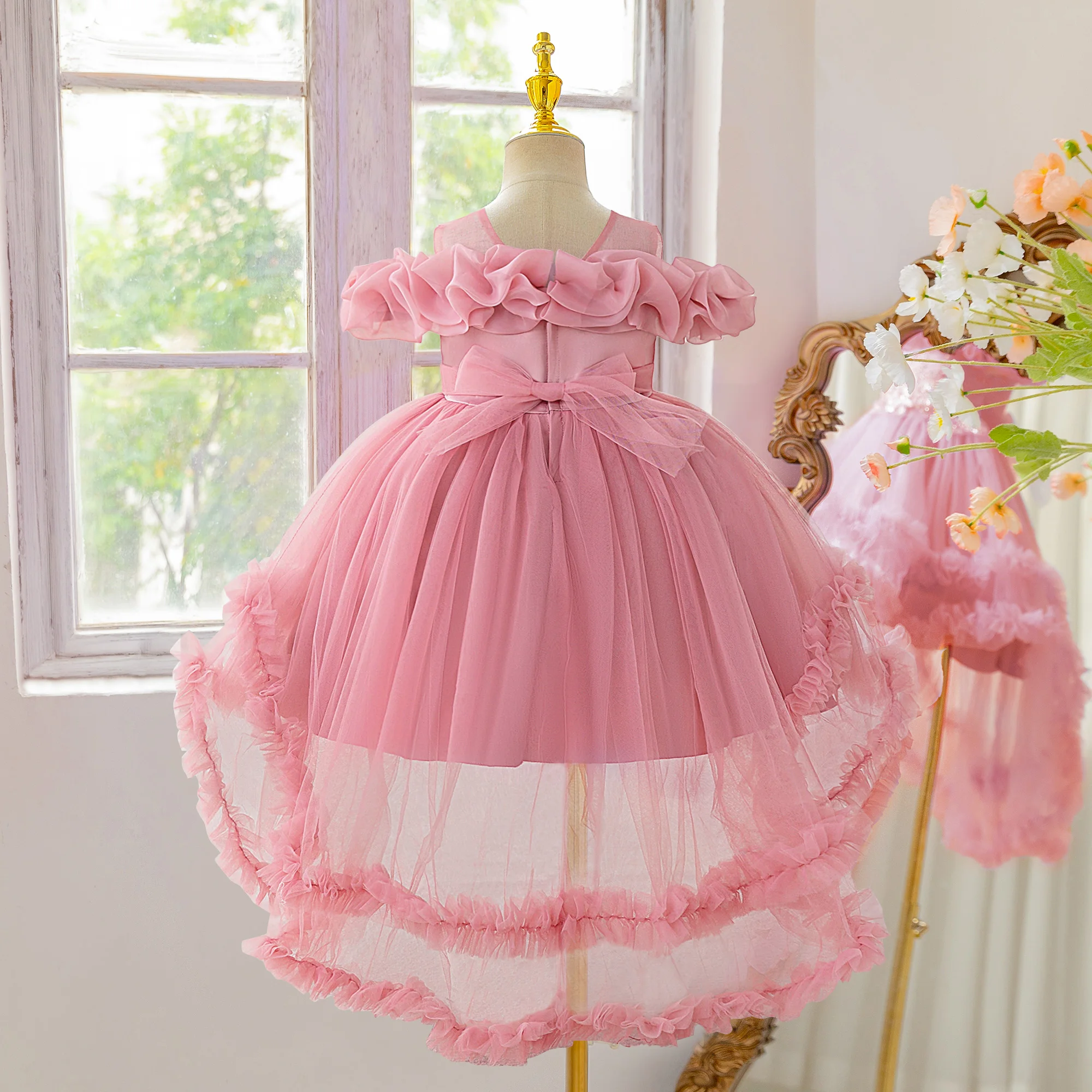 Fashion Flower Bridesmaid Party Girls Dresses Tulle Bow Wedding Birthday Princess Dress for Girl Graduation Pageant Prom Costume