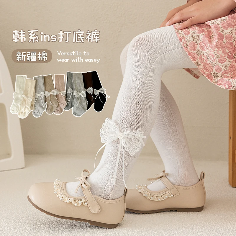 Cute Girls Solid Color Breathable Tights With Long Streamer Ribbon Lace Bow Decor Soft Elastic Pantyhose For Daily Wear Outfits view 5