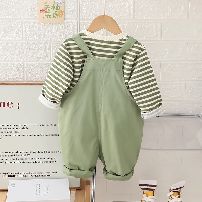 Spring Autumn Kids Boys 2PCS Clothes Set Cotton Striped Tops Cartoon Loose Suspender Pants Suit Toddler Baby Boys Outfits