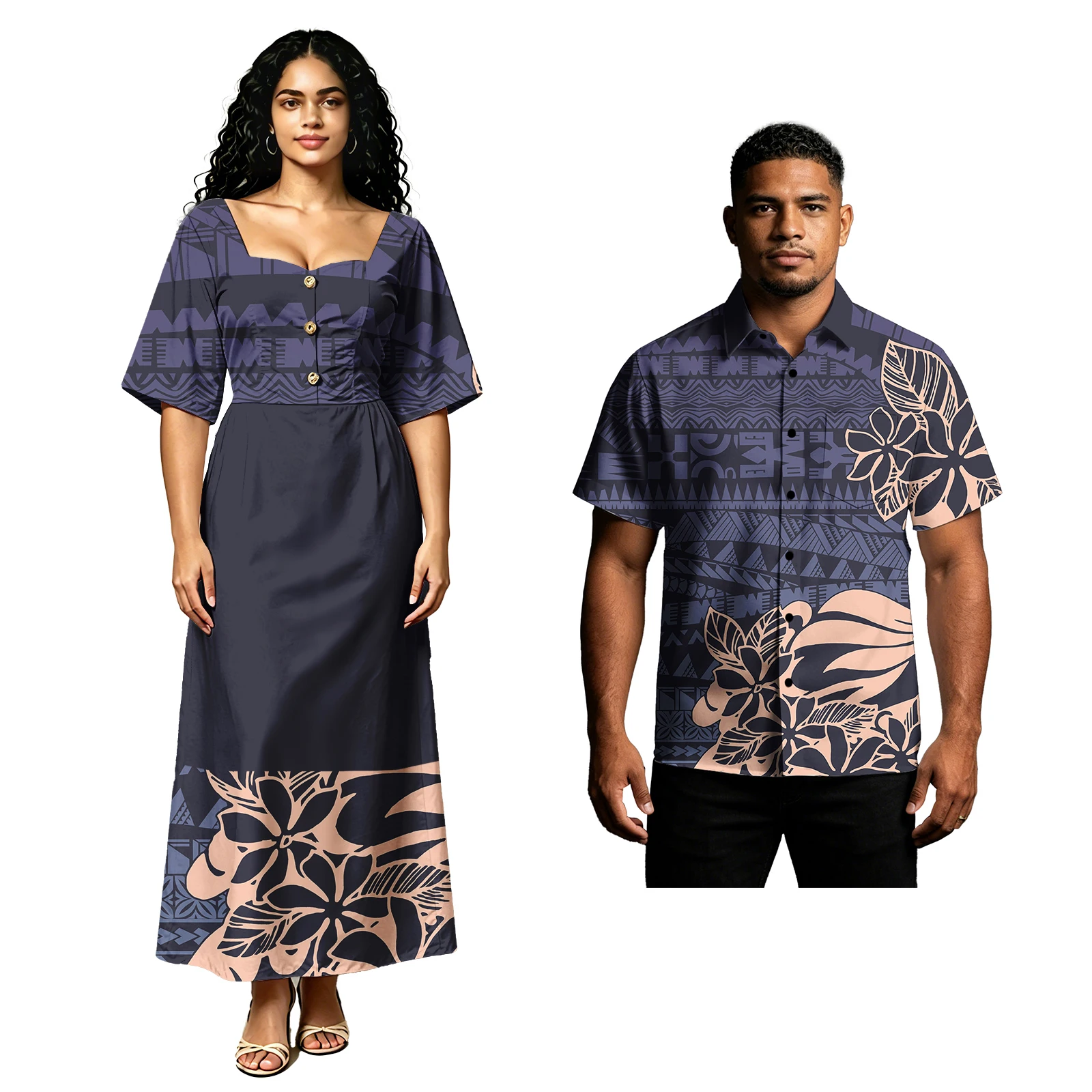 Party Polynesian Tribal Style Men Shirts Ladies Sweetheart Neckline Samoan Dress Pacific Hawaiian Hibiscus Print Couple of Set