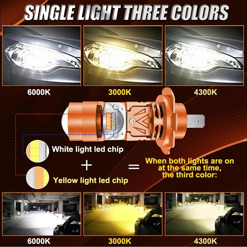 Proyector LED H7, faros para coche, 3 colores, Canbus inalámbrico, 3000K, 4300K, 6000K, bombillas antiniebla para coche, Mini proyector de lente Plug & Play, luz antiniebla