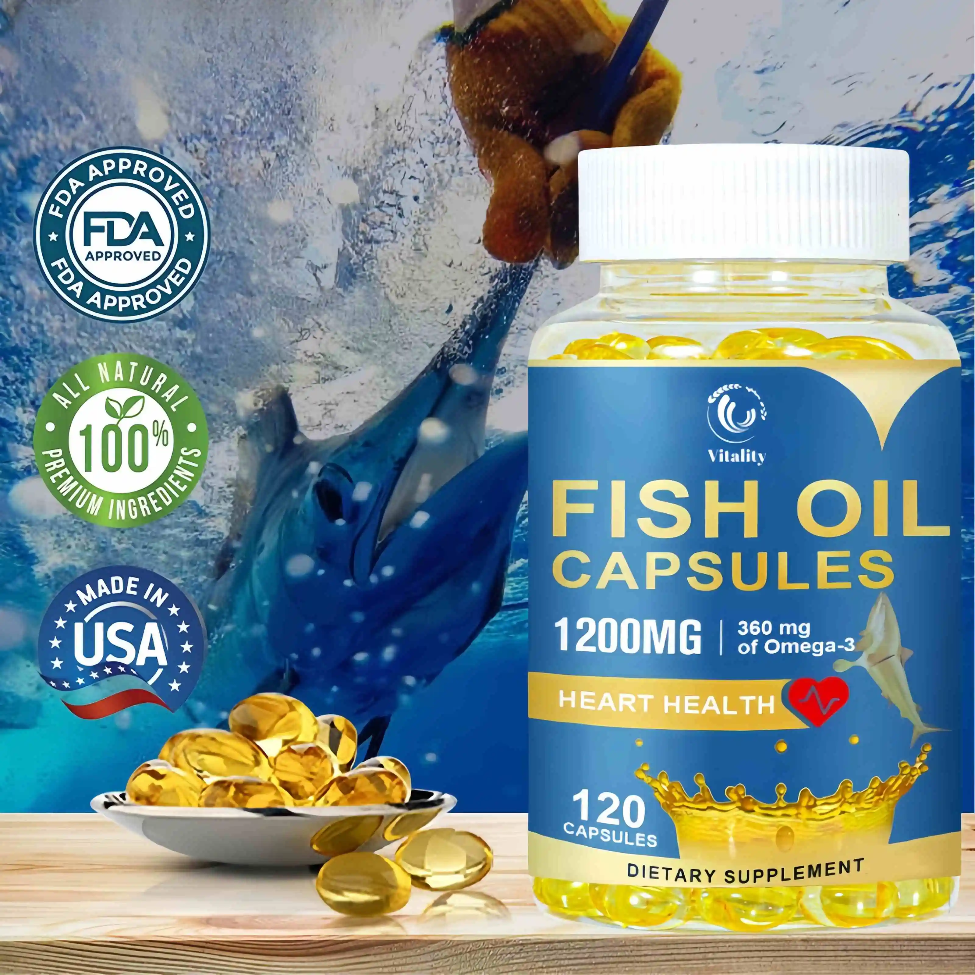 Fish Oil Capsules Supplement Rich Anti-aging Skin Eyes Heart Brain Health Support Immune System