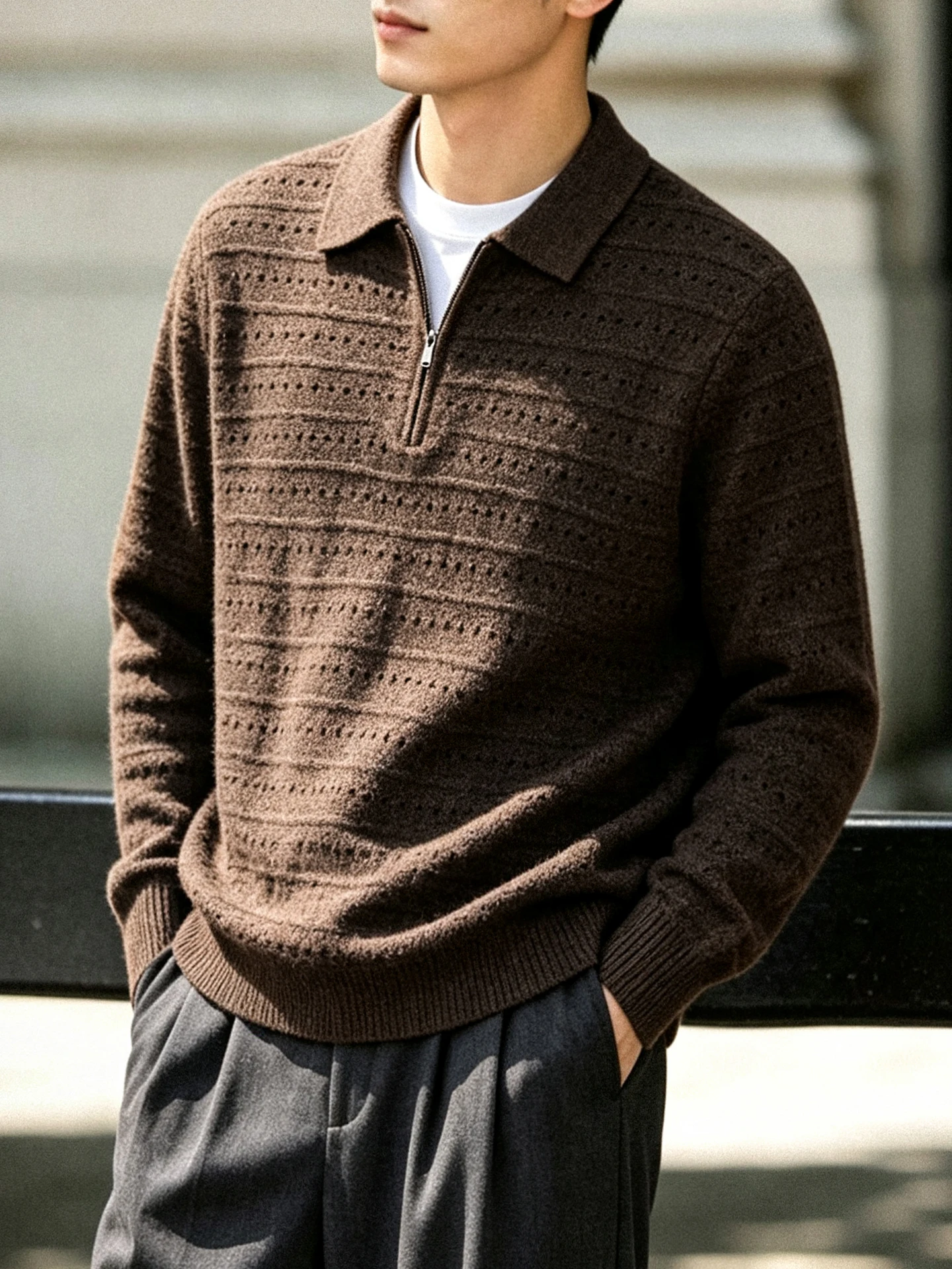 Casual Knitted Long Sleeve  Neck Sweater for Men in Brown with Zipper Closure And Stripes Pattern Thickened Polyester Fiber