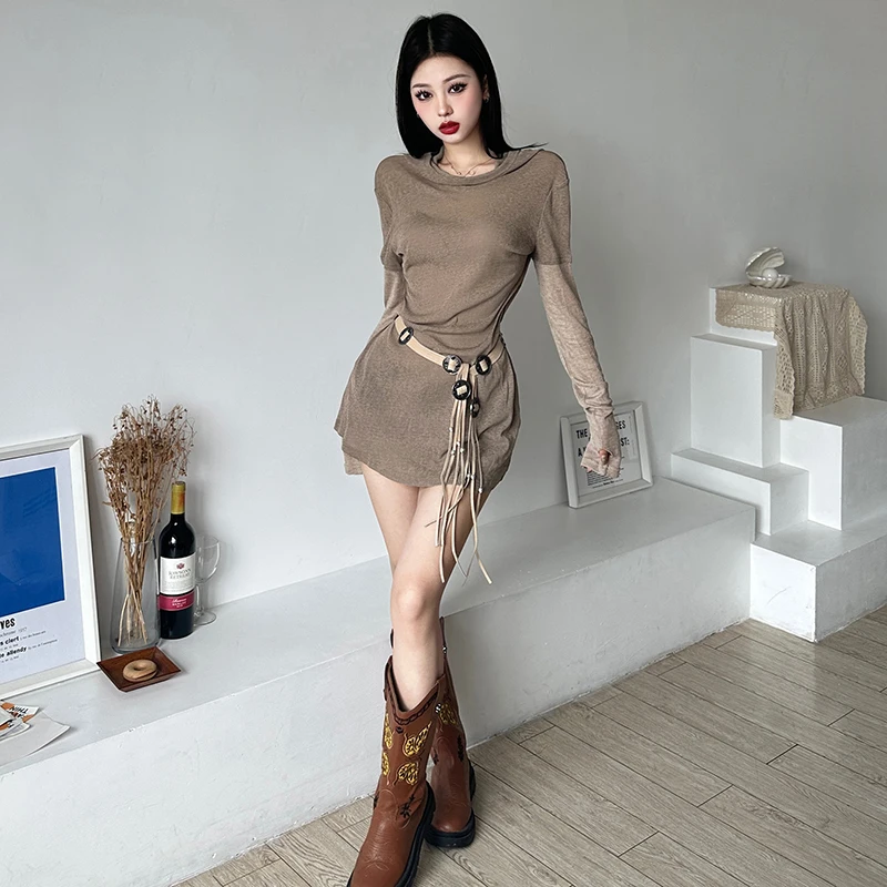 Fashion Wasteland Style Niche Hooded Skirt Design Sense Belt  -Fitting Patchwork Long Sleeve Dress