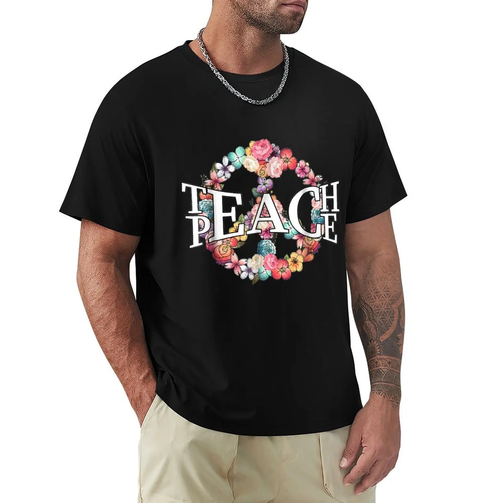 Hippie Teach Peace Flower T-Shirt tops kawaii clothes oversized Men's cotton t-shirt