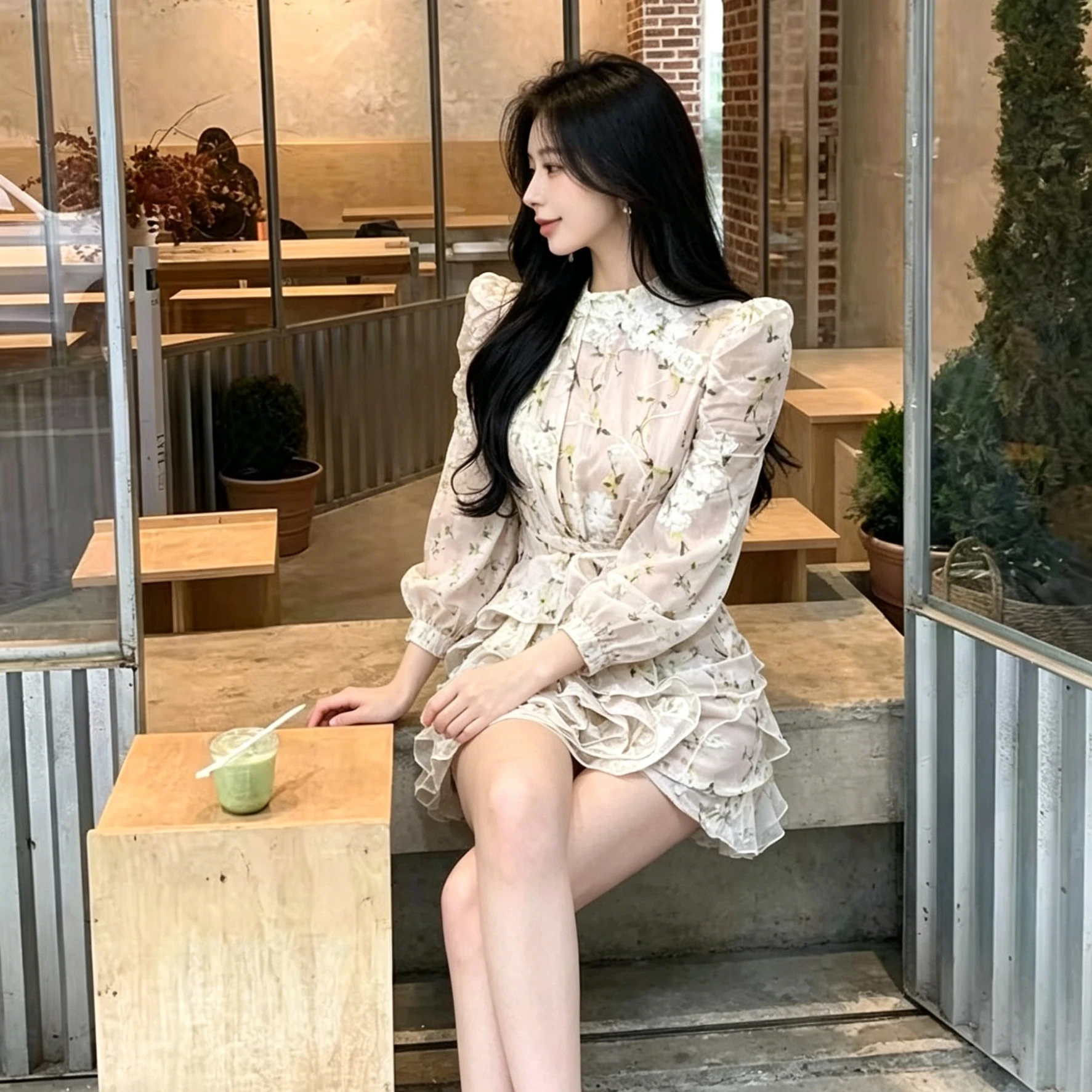 Floral Print Long Sleeve Women's Dress High Waist A-Line Skirt Sexy Pure Desire Slimming Date Bodycon Dress Commute Style