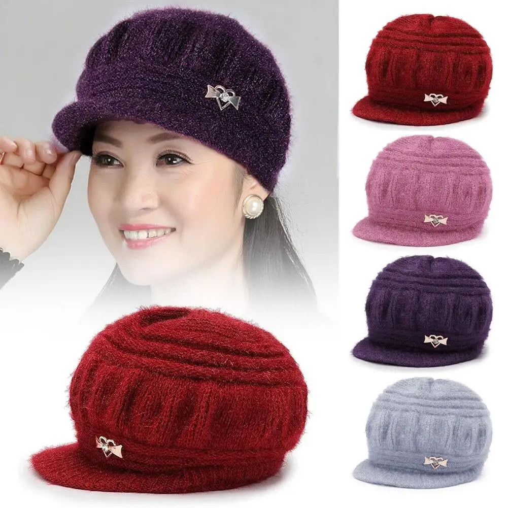 Warm Fleece Lined Knitted Hat Women's Rabbit Fur Cap Elderly Mother Grandmother Winter Fashion Commute Style Short Brim Round...