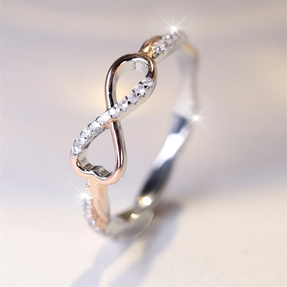 Simple Trendy 8 Shape Infinity Ring White Zircon Engagement Rings For Women Rose Gold Silver Color Wedding Band Two Tone Jewelry