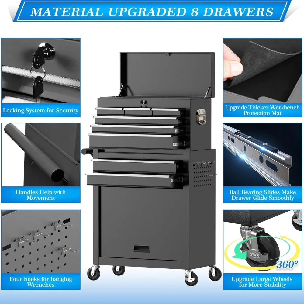 خزانة أدوات دوارة ذات 8 أدراج مع صندوق علوي محمول وتخزين قابل للقفل للمرآب #5