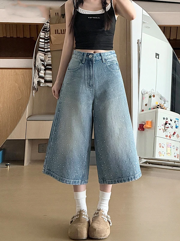 Blue Rhinestone Embellished Loose Wide Leg Jeans Women's Summer New plus Size Pear Shape Body Slimming Casual High Waist Jeans