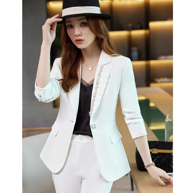 Autumn Winter Women Business Suits with Pants and Jackets Coat Female Professional Trousers Set Pantsuits Elegant Pink