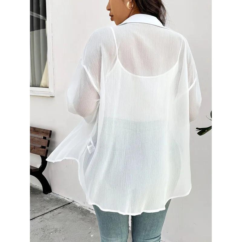 Plus Size, Plus Size Women's White Chiffon Shirt - Elegant Collar Blouse, Loose Fit Semi-Transparent Suitable