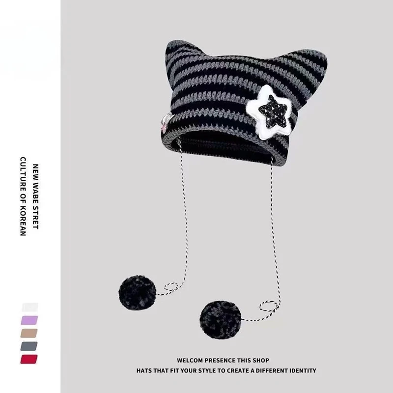 Niedliche Katzenohren-Mütze Winter Gestreifte Koreanische Y2K Punk Gothic Woll-Strickmütze Streetwear Gehäkelte Bucket Cap – Detail 4