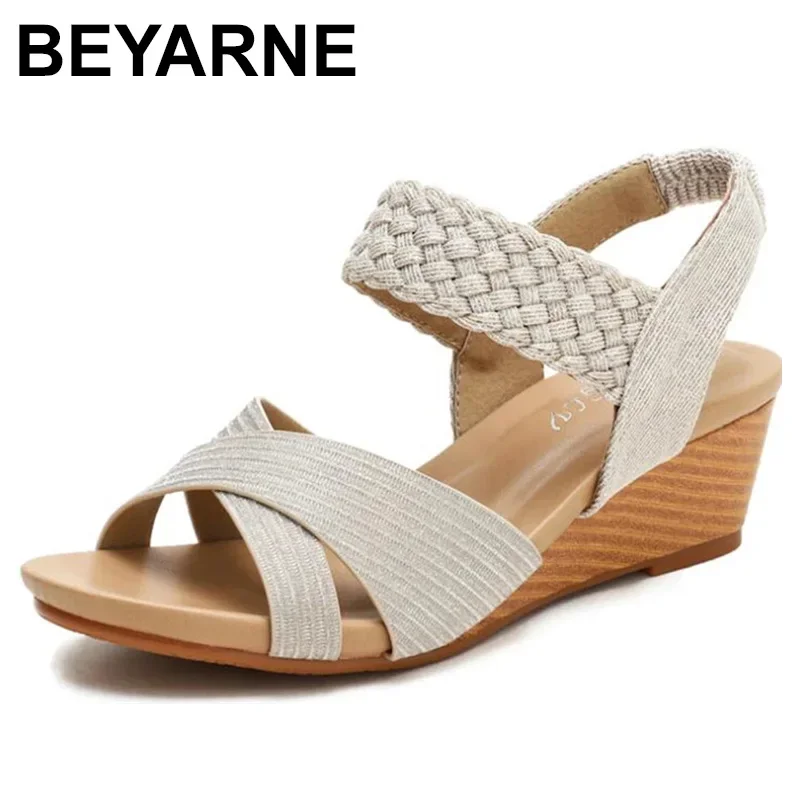 BEYARNE  Sandals Women Summer Shoes Elegant Ladies Weave Rome Sandalias Fashion Female Comfortable Wedges Sandals Large Size