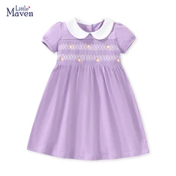 Little maven 2024 New Summer Party Purple Dress for Girls Kids Clothes Children’s Clothes Cartoon Embroidery Flowers Cotton