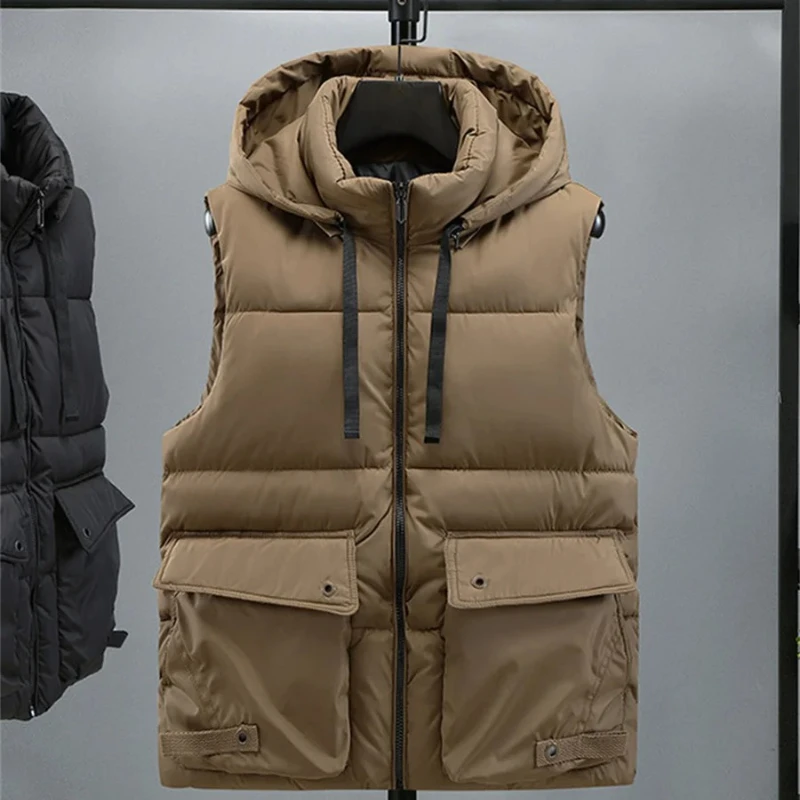 الرجال مقنعين سترة الشتاء سستة الدافئة الوقوف طوق صدرية الرجال القطن مبطن أكمام جاكيتات مع جيوب كبيرة 2025 #4