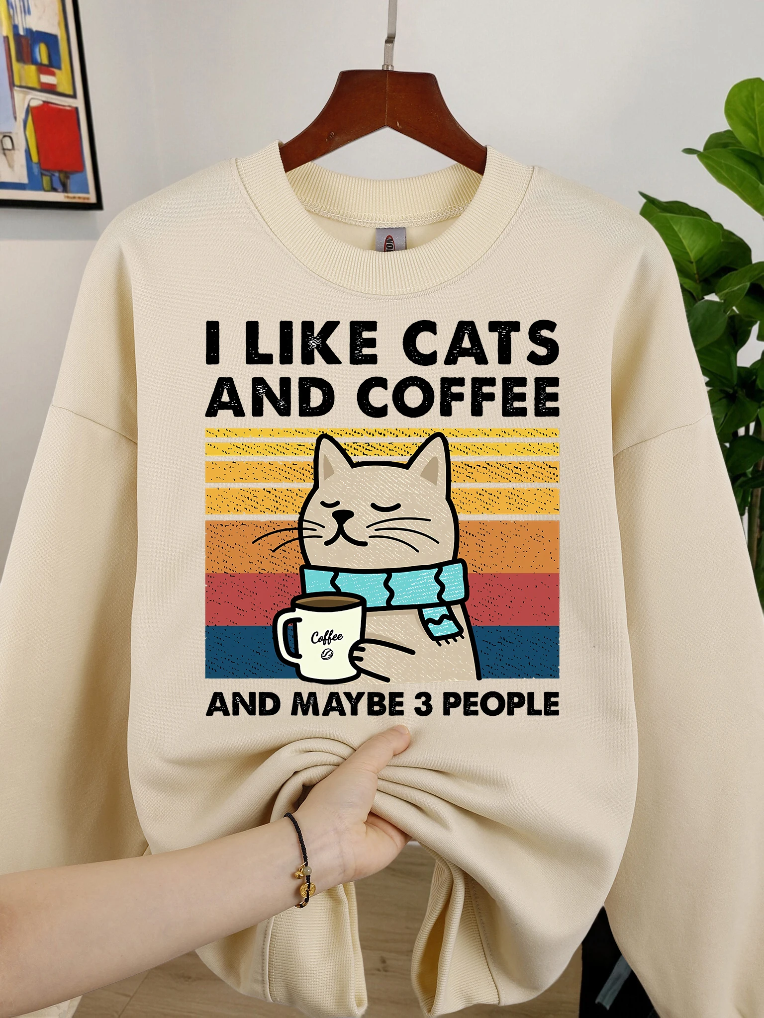 I Like Cats Coffee And Maybe 3 People Men Clothes Soft Loose O-Neck Sweatshirt Fashion Fleece Pullover Autumn Male Tracksuit